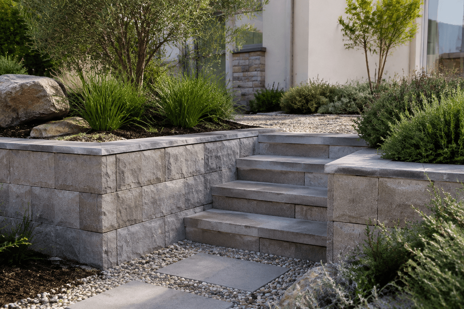 carefully built block retaining wall with broad garden steps and native planting