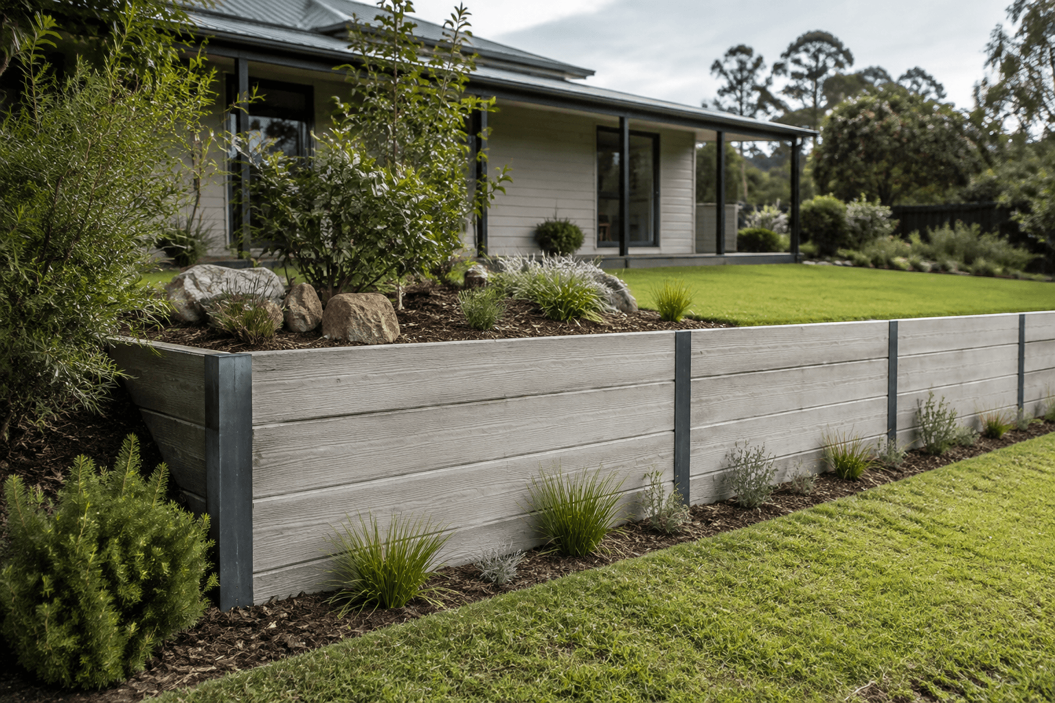 low concrete sleeper retaining wall creating a planted level in an Australian garden