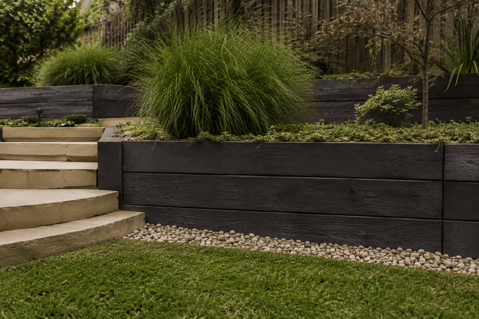 Charcoal sleeper retaining walls connecting terraced garden planting and steps